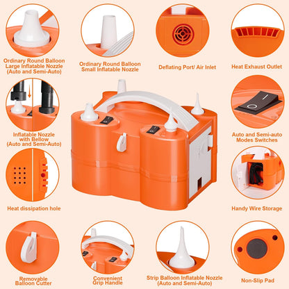FLSEPAMB Electric Balloon Pump, 3-in-1 Portable Electric Air Balloon Blower Machine Balloon Pump 2 Motor Dual Nozzle Balloon Inflator for Latex 260Q Long Foil Balloons Swimming Rings Air Beds