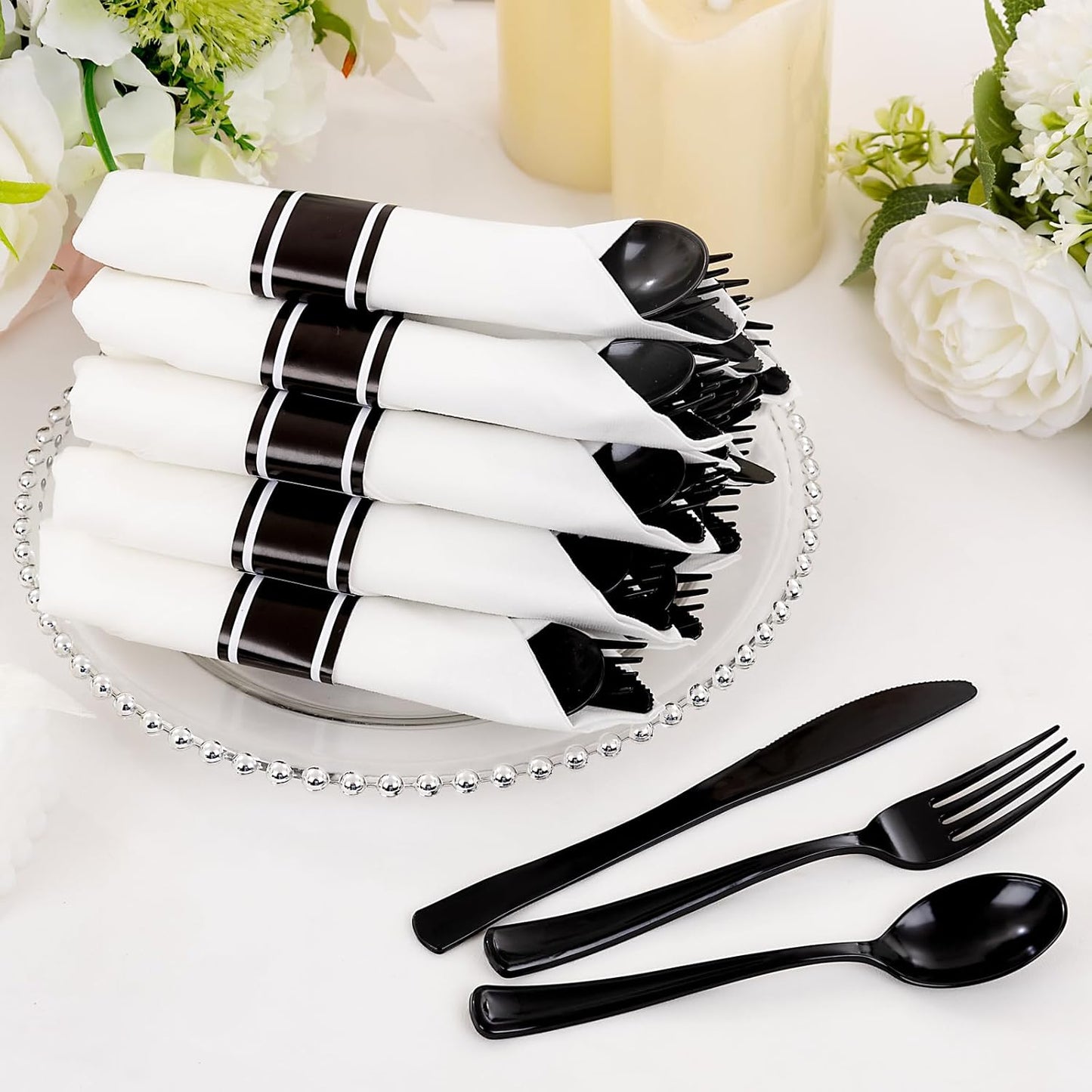 Supernal 240 Silver Plastic Silverware Set - 60 Sets Pre Rolled Napkins with Cutlery - Mirror Polished Real Look Disposable Silver Utensils- Elegant Heavy Duty Flatware for Weddings & Catering