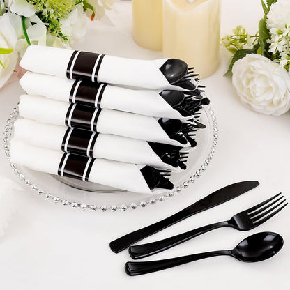 Supernal 240 Silver Plastic Silverware Set - 60 Sets Pre Rolled Napkins with Cutlery - Mirror Polished Real Look Disposable Silver Utensils- Elegant Heavy Duty Flatware for Weddings & Catering
