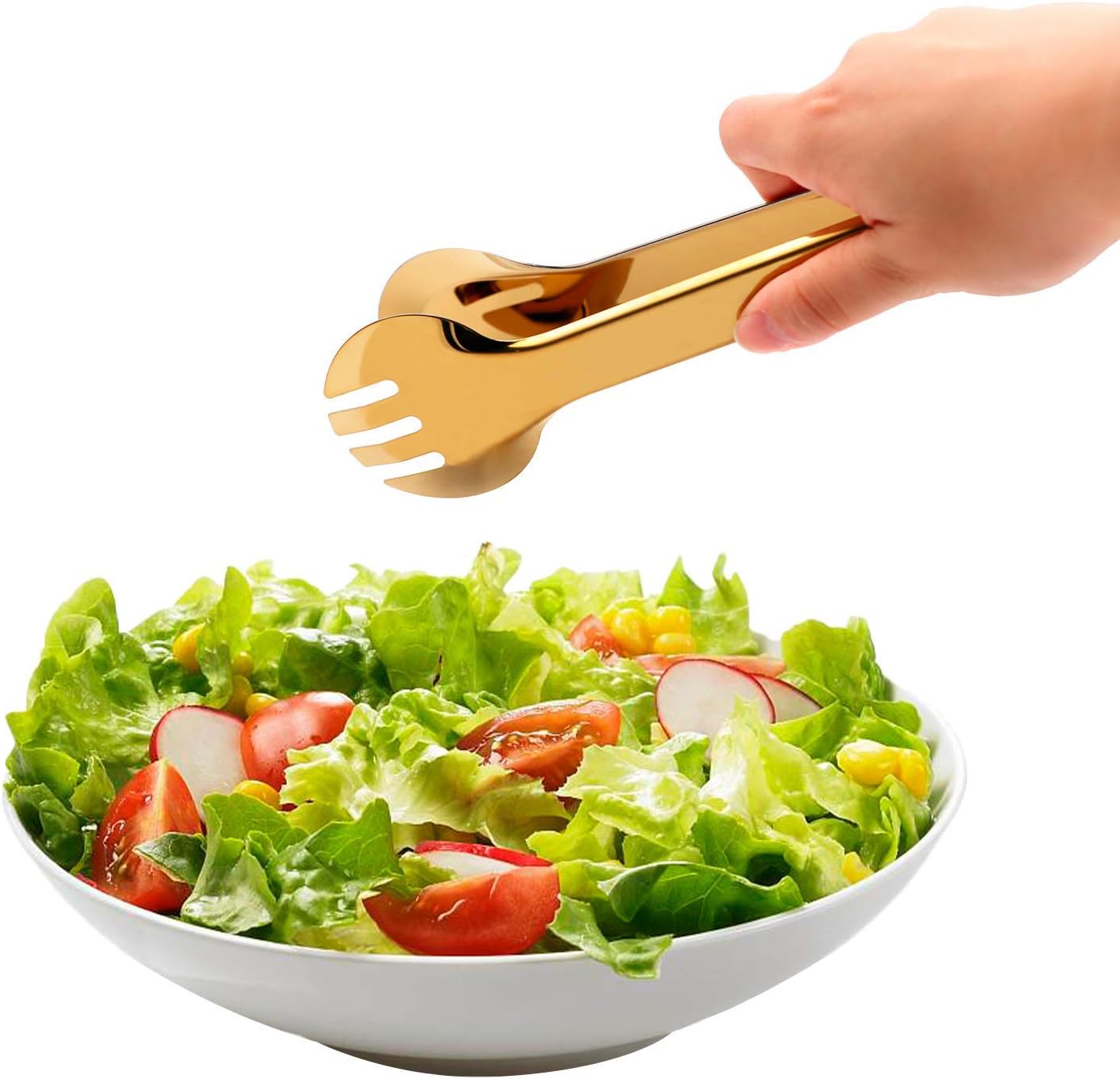 2-Pack 9 Inch Stainless Steel Gold Salad Tongs, Non-slip & Easy Grip Smart Locking Clip Handy Utensil for Cooking, Serving, Barbecue, Buffet, Salad, Ice, Oven