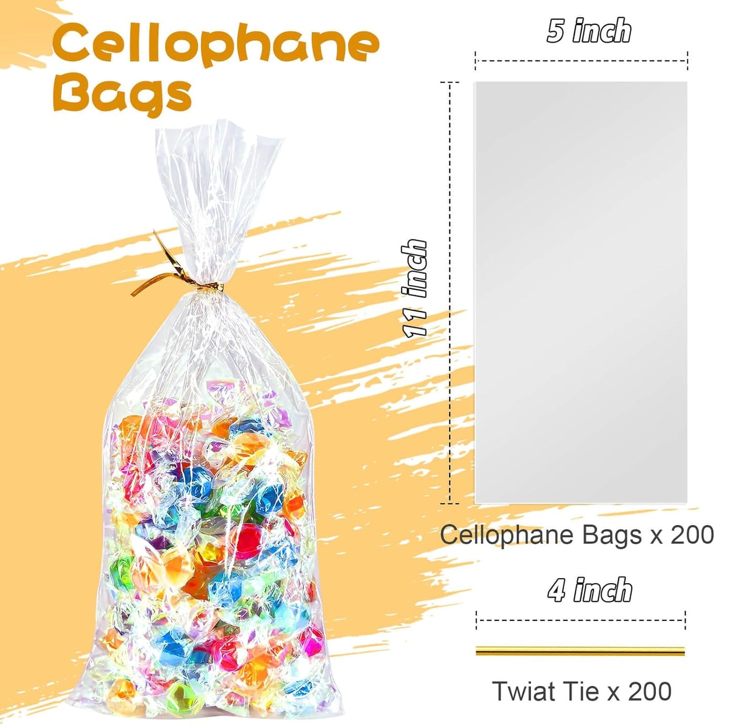 5x7 Inch Iridescent Cellophane Treat Bags with Twist Ties, Treat Bags for Candy Cookie Goodie Chocolates, And Popcorn