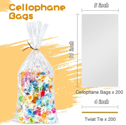 5x7 Inch Iridescent Cellophane Treat Bags with Twist Ties, Treat Bags for Candy Cookie Goodie Chocolates, And Popcorn
