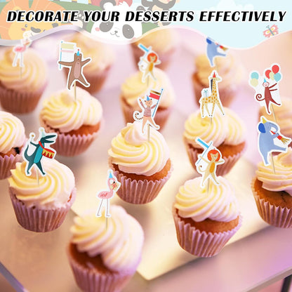 AmazingSpark 24 Pcs Animal Parade Cupcake Toppers Safari Cupcake Picks Woodland Jungle Cake Decorations for Jungle Theme Baby Shower Zoo Wild Animal Birthday Party Supplies
