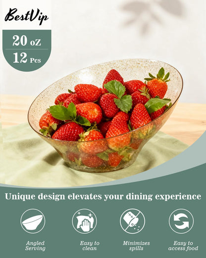 BESTVIP 54oz Clear Plastic Serving Bowls for Party - 12 Pack Angled Disposable Serving Bowls, Party for Chips, Snacks, Fruit, Salad - Bowls for Parties, Daily Use, Catering, Christmas