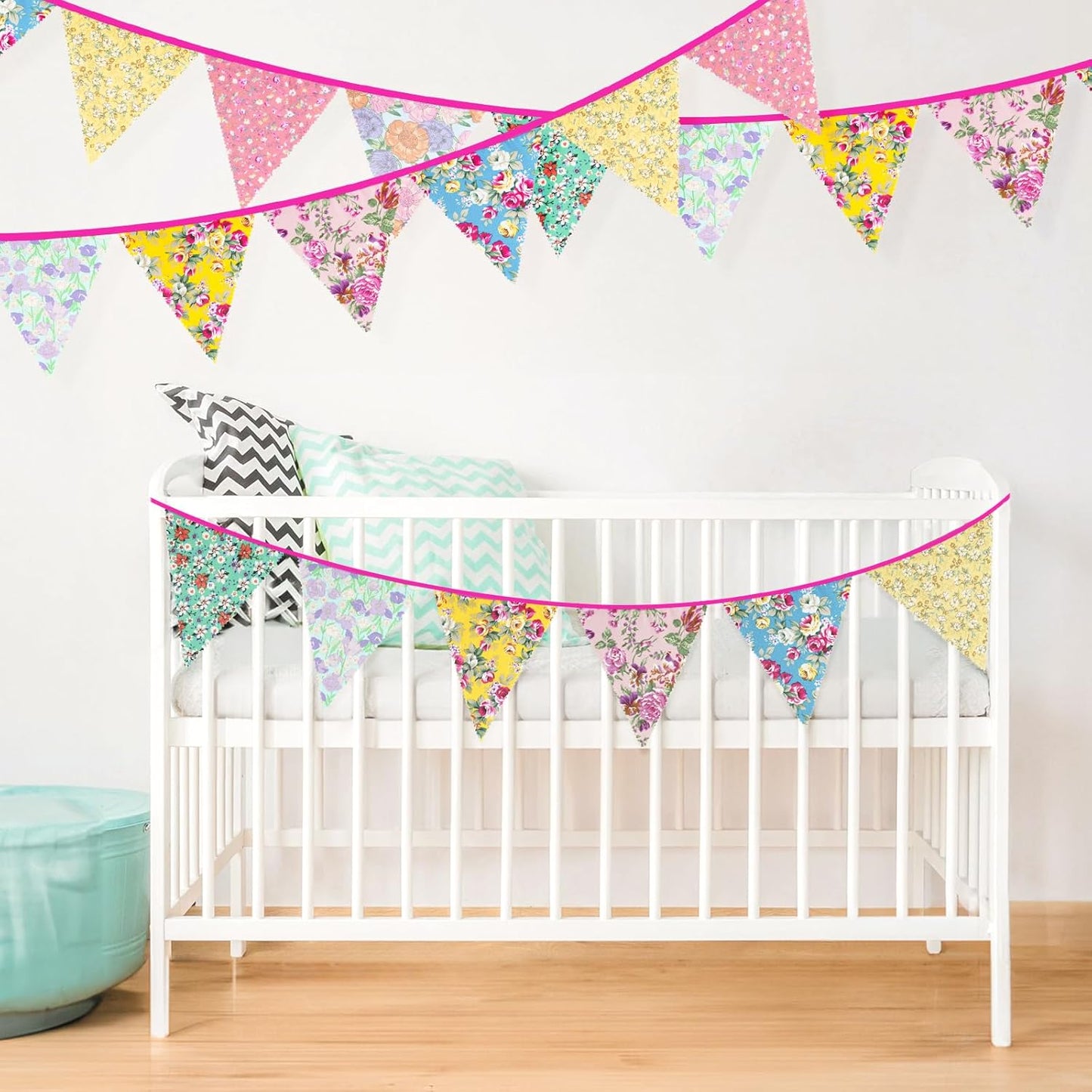 G2PLUS 39Ft Triangle Bunting Banner, 42Pcs Pink Floral Garland Pennant Banner, Reusable Cotton Triangle Flags Party Decoration for Birthday, Wedding, Garden Tea Party, Baby Shower, Room Decor