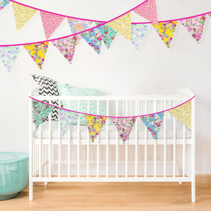 G2PLUS 39Ft Triangle Bunting Banner, 42Pcs Pink Floral Garland Pennant Banner, Reusable Cotton Triangle Flags Party Decoration for Birthday, Wedding, Garden Tea Party, Baby Shower, Room Decor