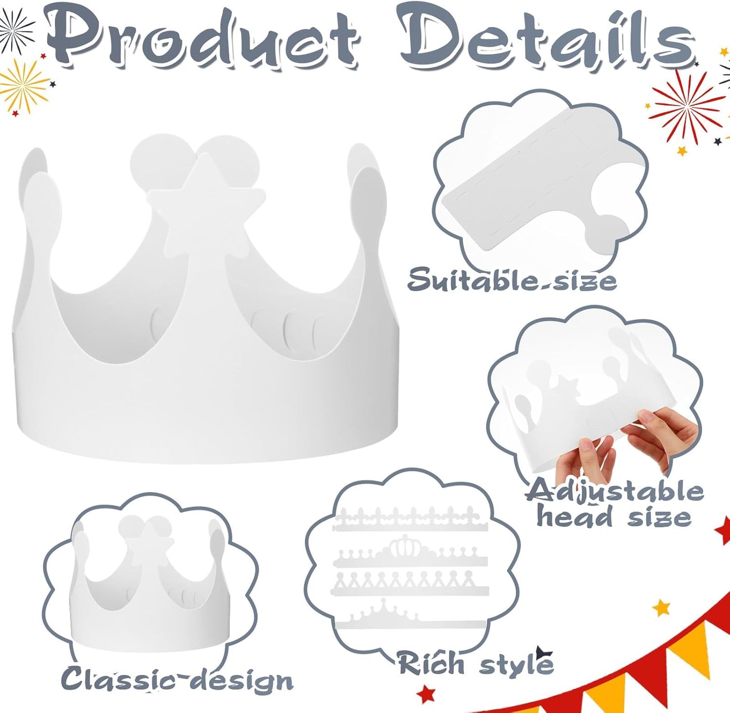 Thenshop 120 Pcs White DIY Paper Crowns for Kids to Decorate Blank Birthday Party Decoration Crowns for Kids Princess Queen(Stylish Style)