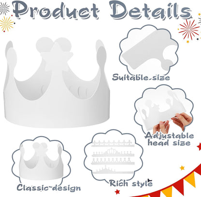 Thenshop 120 Pcs White DIY Paper Crowns for Kids to Decorate Blank Birthday Party Decoration Crowns for Kids Princess Queen(Stylish Style)