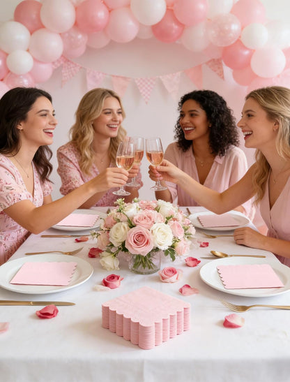 NatNarr 120 Pcs Cocktail Napkins Pink Mothers Day Paper Napkins Light Pink Dessert Beverage Napkin Cute Scalloped Party Napkin for Baby Bridal Shower, Birthday, 5 x 5 Inch