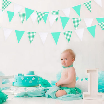 32Ft Dusty Blue Party Decorations Retro Blue Gingham Triangle Banner Flag Pennant Fabric Garland Streamers for Nautical Wedding Birthday Ahoy Achor Bridal Baby Shower Under The Sea Decor Supplies