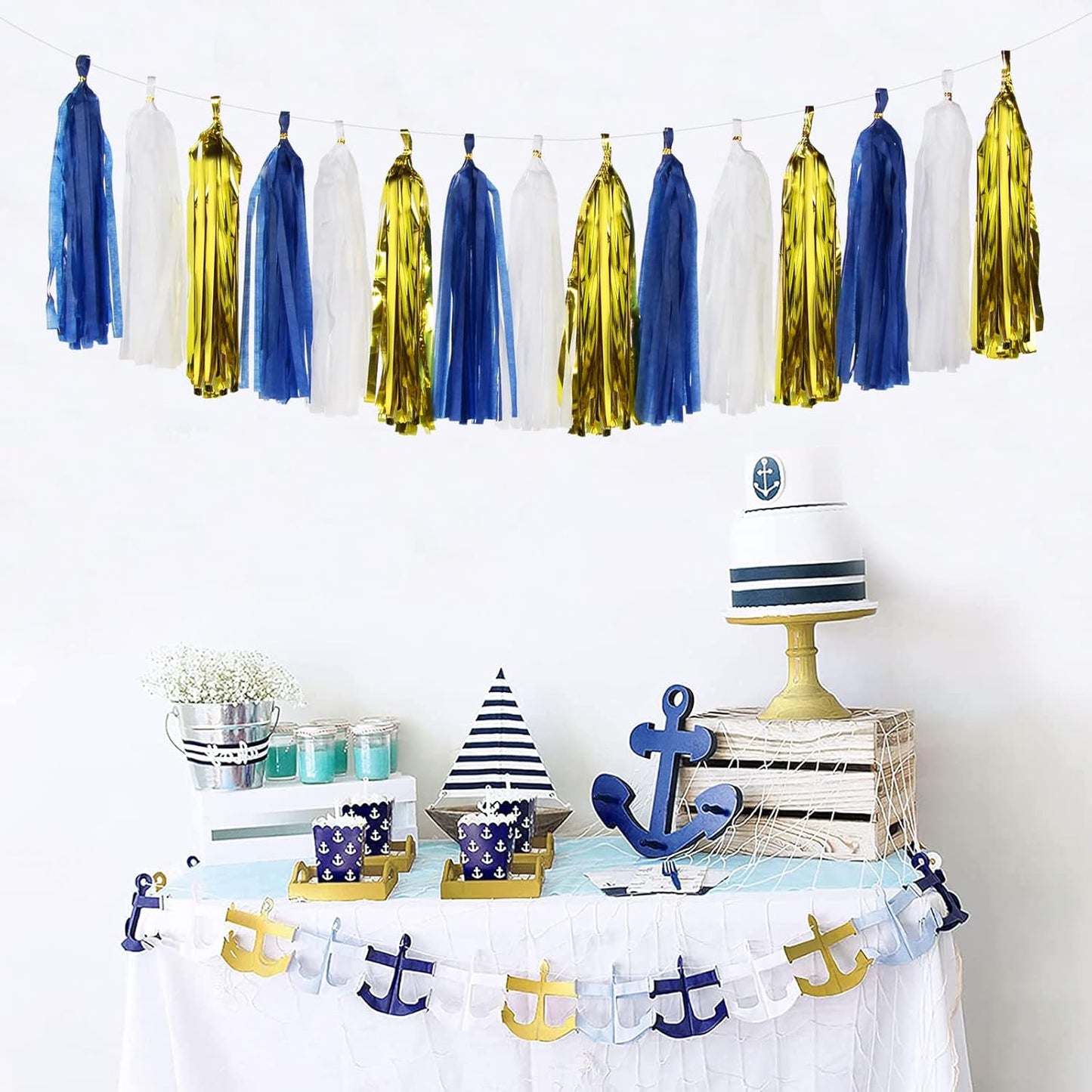 Navy-Blue White-Silver Tassel Garland Streamers - 15pcs Party Decorations Tissue Paper Tassels Banner,Graduation 2025 Wedding Baby Bridal Shower Hanging Decoration Boy Birthday Backdrop Decor Panduola