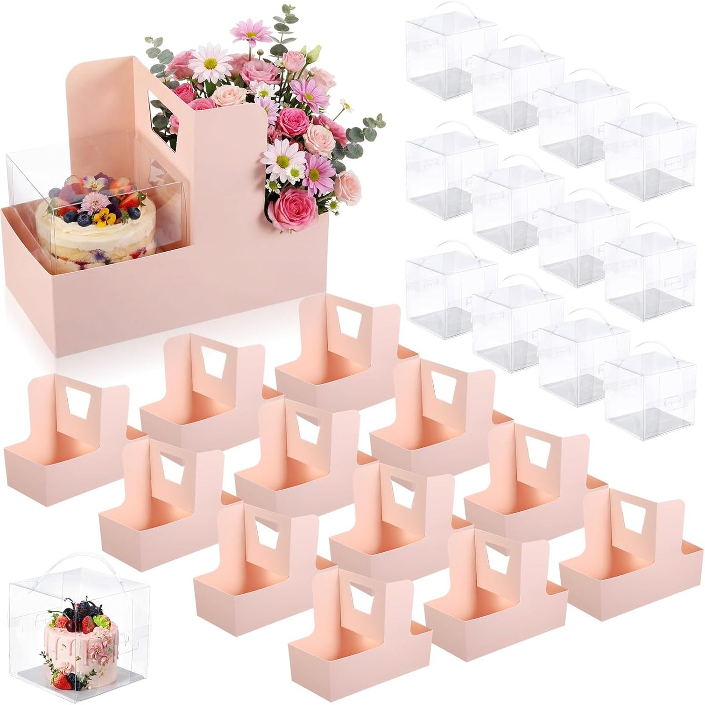 Qinyoung 12 Sets Mother's Day Flower Gift Box Cake Flower Gift Boxes with 12 Pcs Transparent PVC Cake Boxes Mother's Day Box for Teacher,Mom Wedding, Birthday Party(White,Classic,Blank)