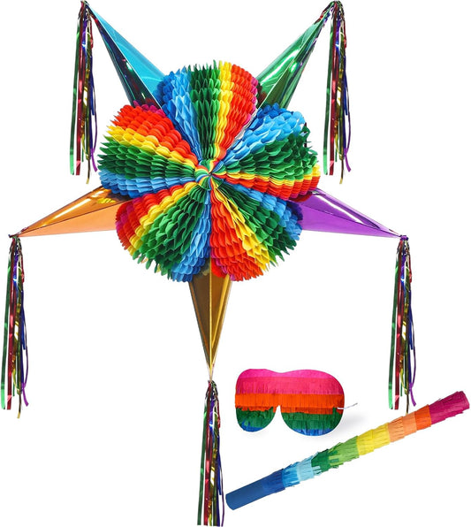 32 Inch Large Star Piñata Set with Stick Blindfold Confetti Foldable Mexican Fiesta Piñata Rainbow Honeycomb Decorations for Cinco De Mayo Birthday Party Carnival Taco Tuesday