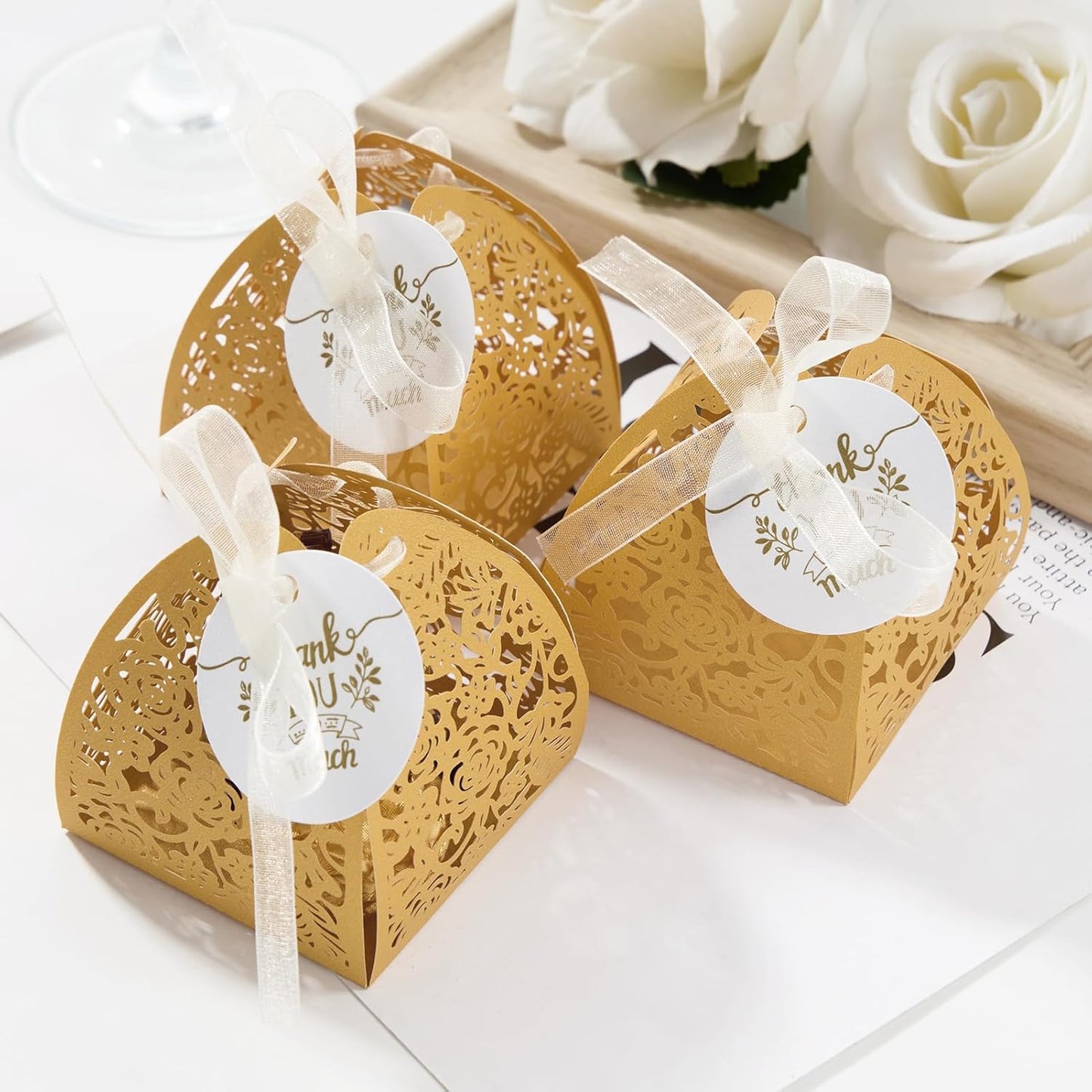 AdasBridal 50Pcs Small Gift Boxes for Party Favors, Laser Cut Candy Boxes Wedding Favor with Thank You Card Ribbons for Bridal Baby Shower Wedding Decorations (White, 2.36")