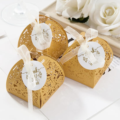 AdasBridal 50Pcs Small Gift Boxes for Party Favors, Laser Cut Candy Boxes Wedding Favor with Thank You Card Ribbons for Bridal Baby Shower Wedding Decorations (White, 2.36")