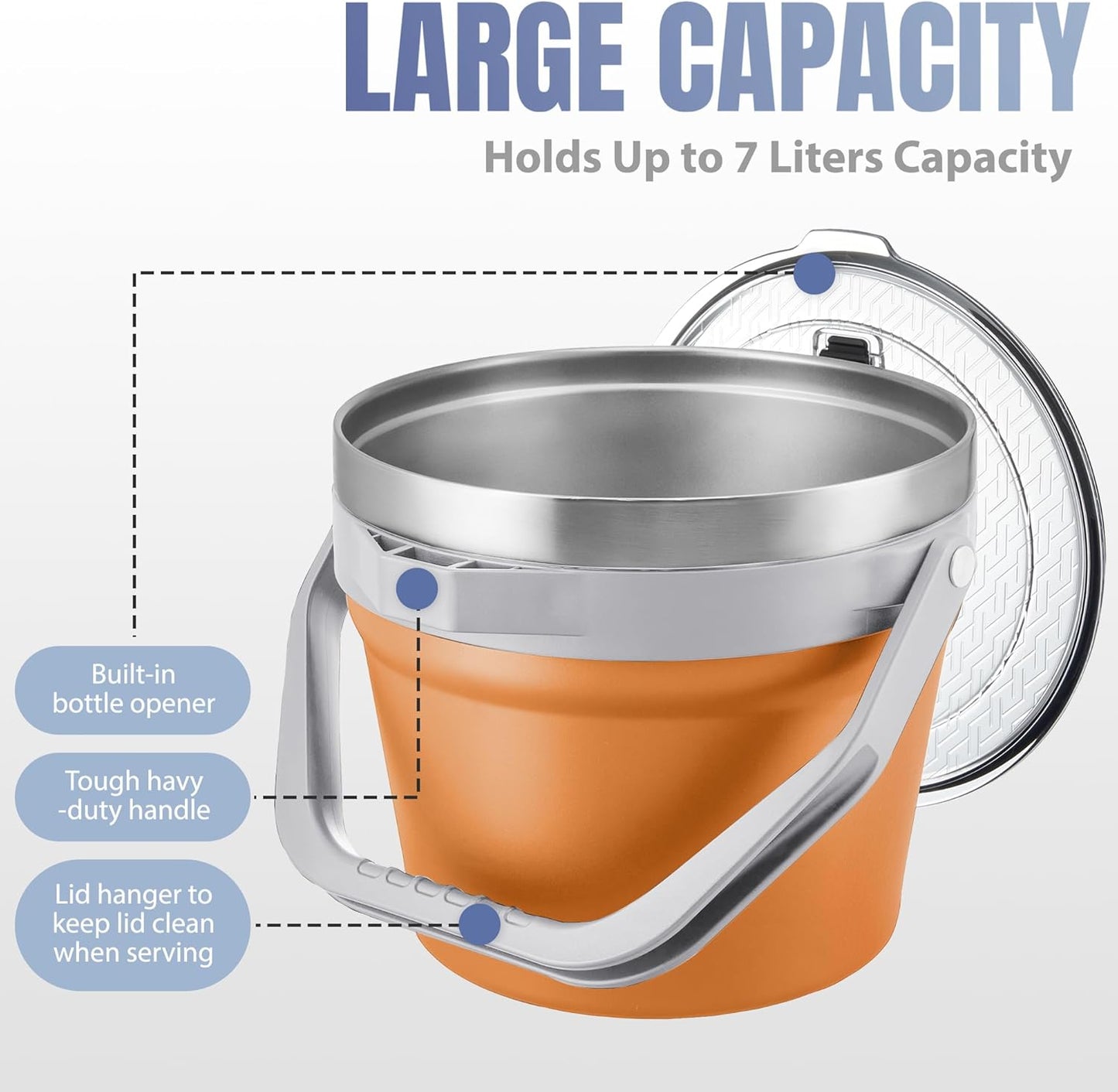 COKTIK 7L Vacuum Insulated Ice Bucket with Lid and Scoop& Tongs，Large capacity Stainless Steel Beverage Bucket for Cocktail, Champagne, Wine, Beer，Large Parties（Milk White Suit）