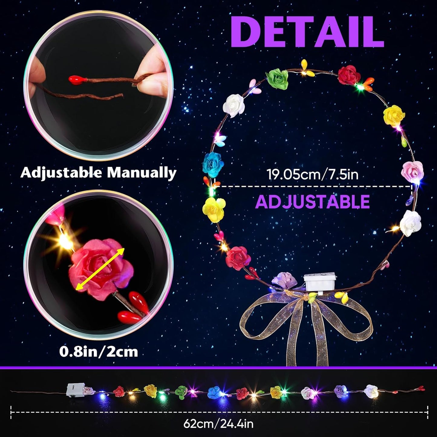 50 PCS LED Flower Crowns Headbands with Ribbons, Light Up Flower Headband for Women, Glow in the Dark Party Supplies for Wedding Birthday Party