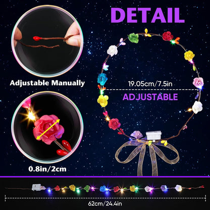 50 PCS LED Flower Crowns Headbands with Ribbons, Light Up Flower Headband for Women, Glow in the Dark Party Supplies for Wedding Birthday Party
