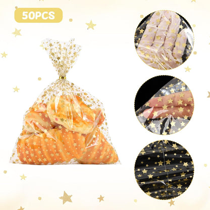 100 Pcs Star Printed 5"X 7" Gift Wrap Cello Cellophane Treat Bags Party Favor bags Clear Candy Cookie Bag Plastic Poly Goodie Storage Bag with Twist Ties for Bakery,Birthday, Wedding ,Party Decorations (Gold)