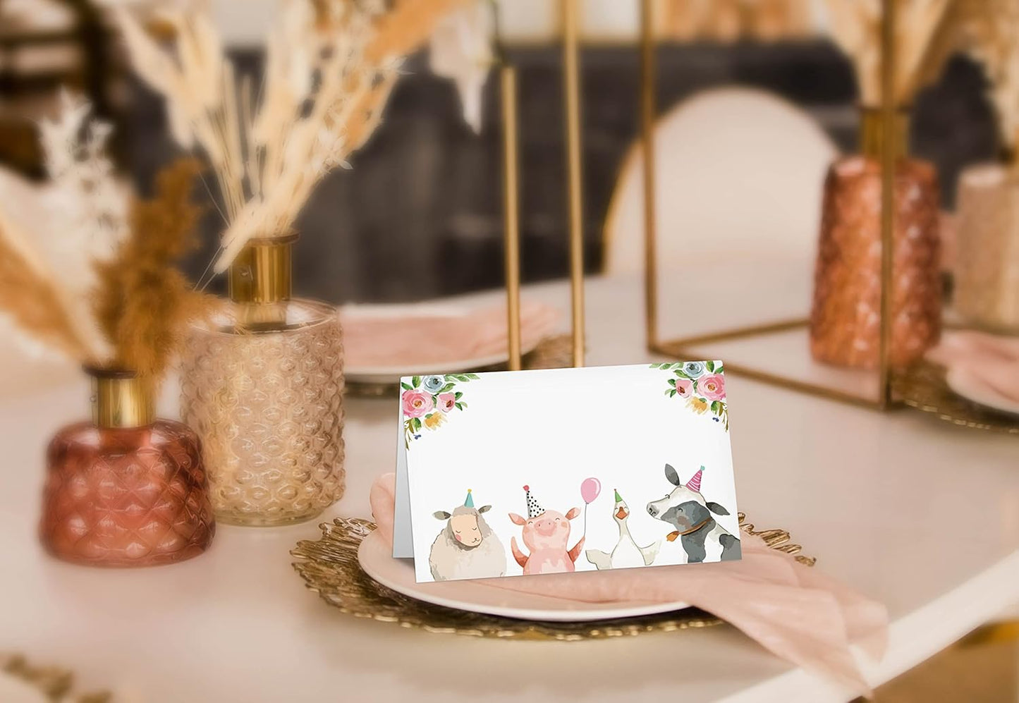 Table Place Card, Jungle Safari Animals Themed Tent Style Cards, Pack of 25 Half-Fold Reception Place Card, Gold Wild Animal Food Labels, Perfect for Baby Shower, Birthday Party C08