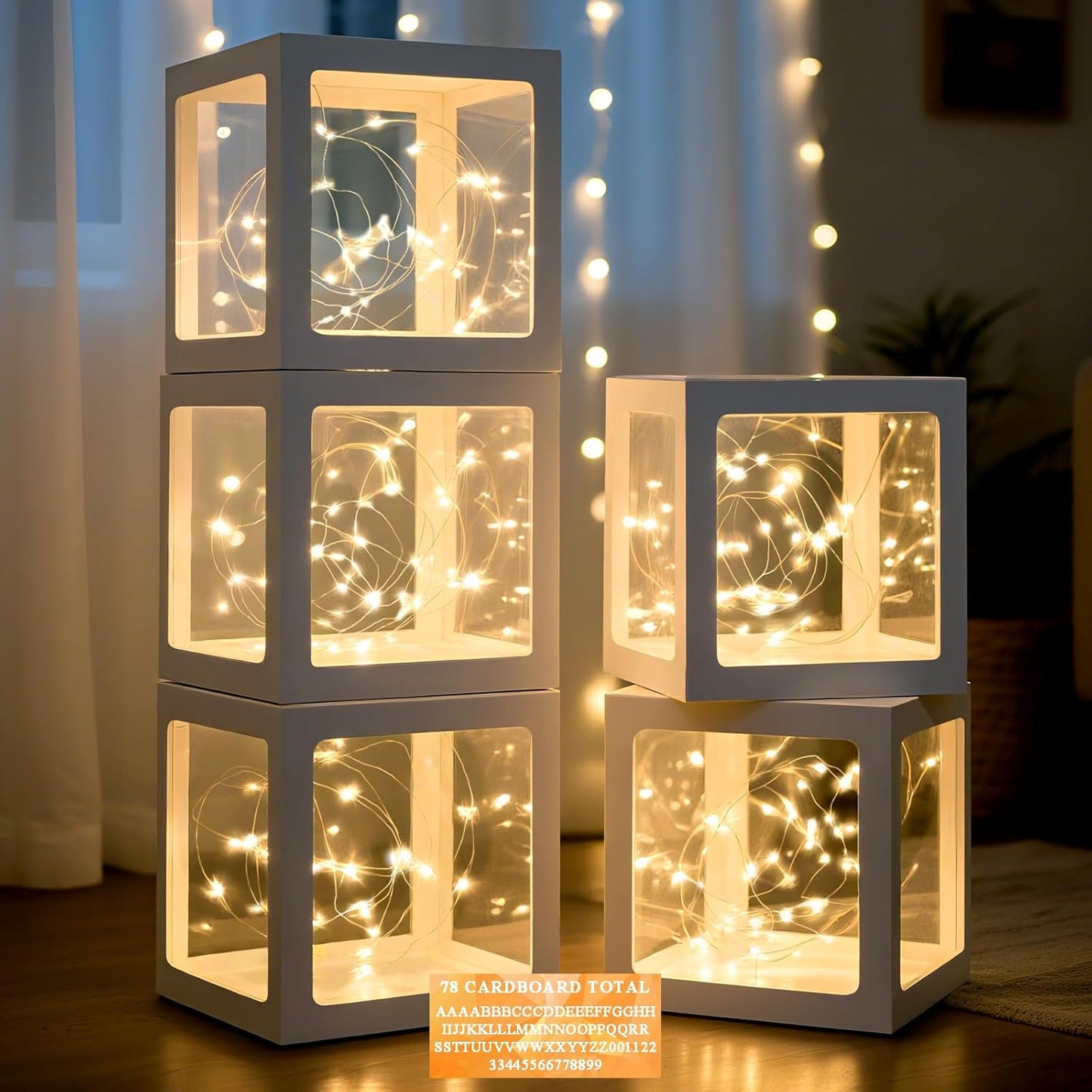 Ledido Transparent Balloon Boxes, Clear Balloon Boxes with 5 Pcs String Lights and 78 Letters for Baby Shower Gender Reveal 2026 New Year Grad Party Birthday Anniversary Bridal Decor - 5 White Boxes