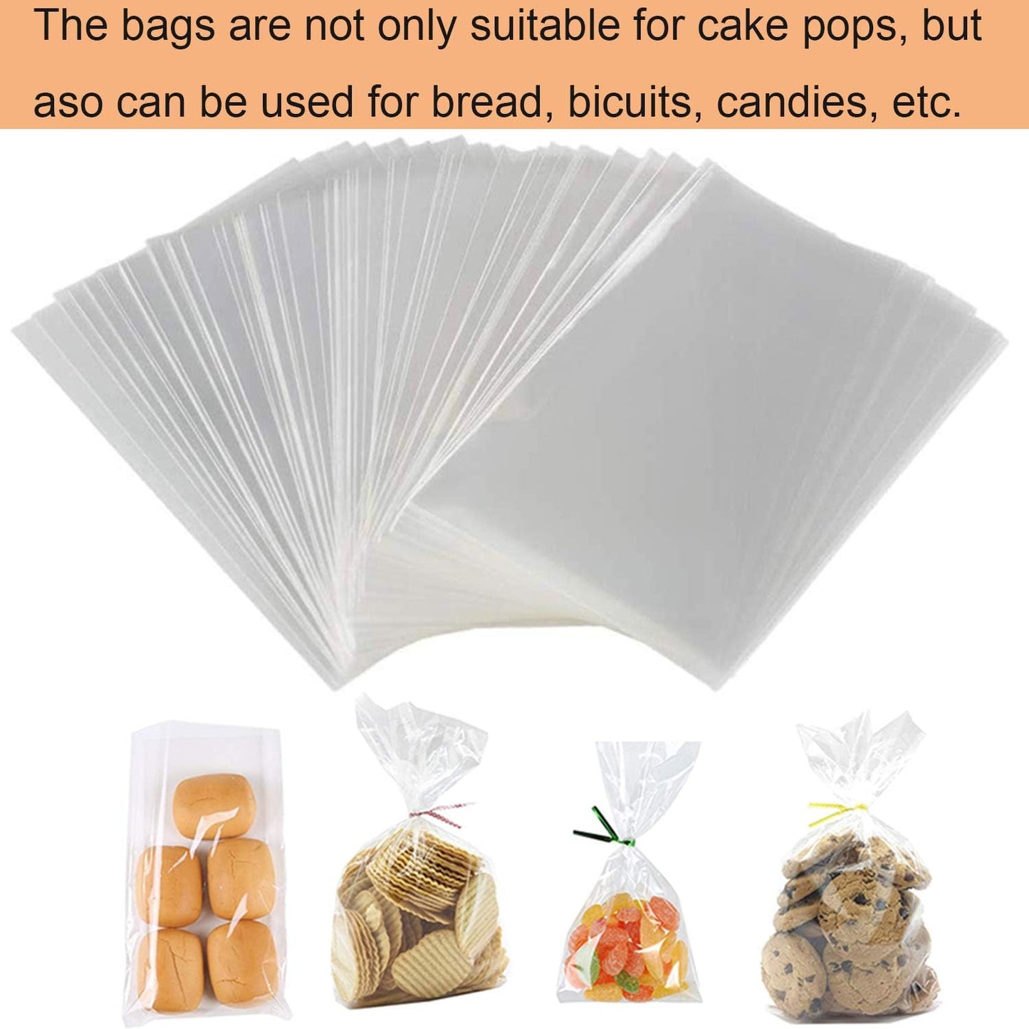 300PCS Lollipop Cake Pop Treat Bag Set Including 100pcs Parcel Bags, Papery Treat Sticks, Gold Metallic Twist Ties for Making Candies, Chocolates and Cookies