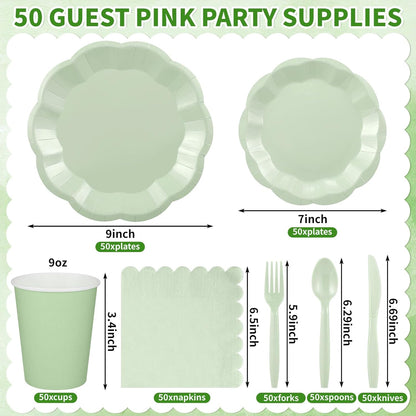NatNarr 175 Pcs Sage Green Plates and Napkins Set, 25 Guest Sage Green Party Supplies Include Scalloped Paper Plate Napkin Cup Forks Knives Disposable Plastic Cutlery for Wedding Baby Shower Birthday