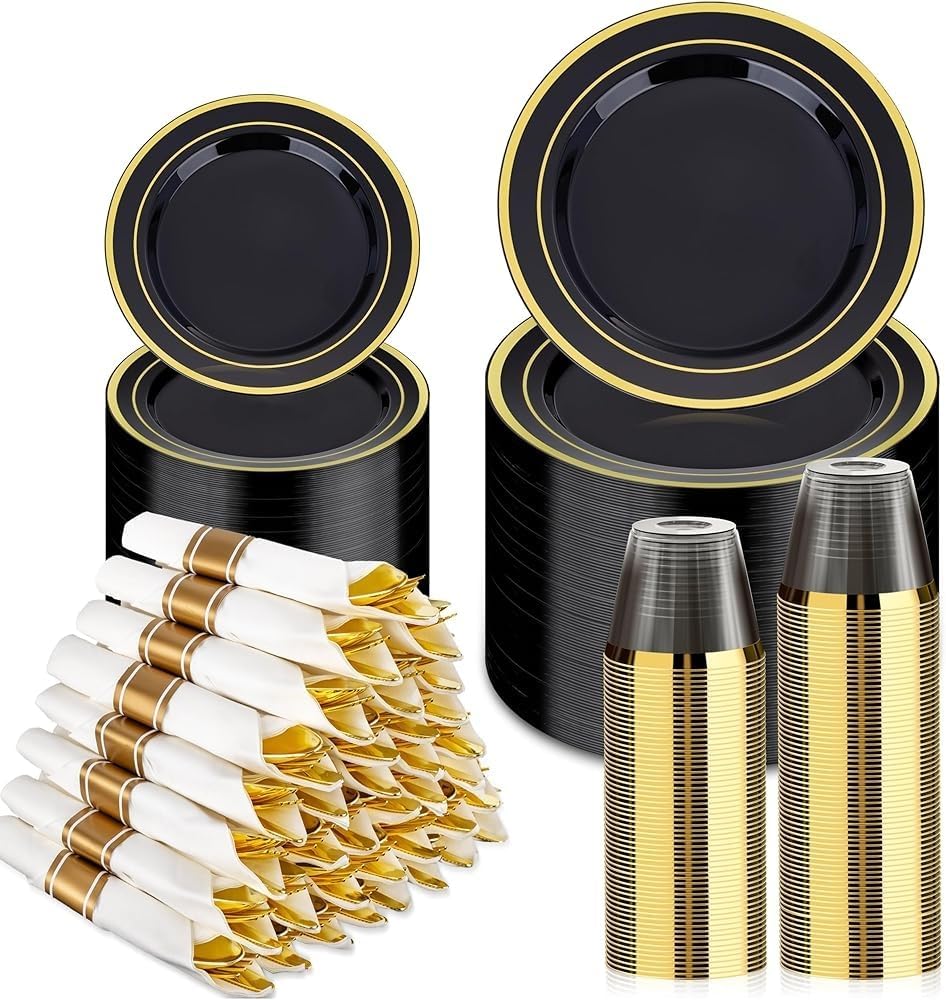 BESTVIP 350PCS Gold Plastic Dinnerware Set, Disposable Party Plates for 50 Guests, Include: 100 Plastic Plates, 50 Pre Rolled Napkins with Gold Silverware, 50 Cups