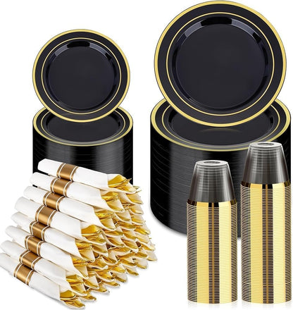 BESTVIP 350PCS Gold Plastic Dinnerware Set, Disposable Party Plates for 50 Guests, Include: 100 Plastic Plates, 50 Pre Rolled Napkins with Gold Silverware, 50 Cups