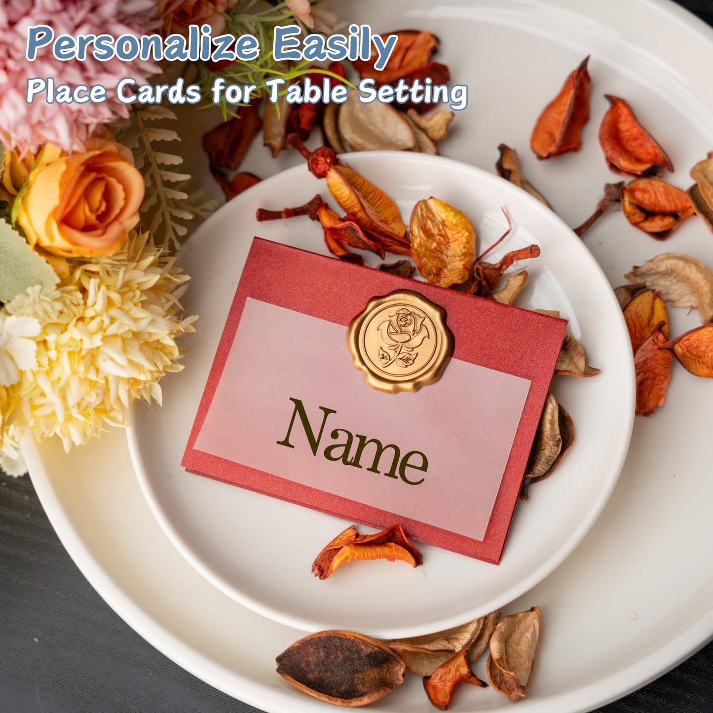 25 Pack Name Cards for Table Setting, Printable Place Cards with Antique Gold Rose Wax Seal Sticker for Wedding, Table Tent Card Stock Decor for Party, Dinner, Home(Pearlized Champagne Gold)