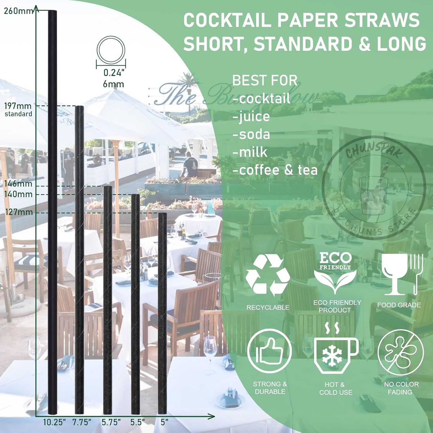 Black Paper Straws, Solid black/250 Bulk, Biodegradable Paper Drinking Straws for Cocktail, Drinks, Bars and Restaurant, 7.75"x0.24"