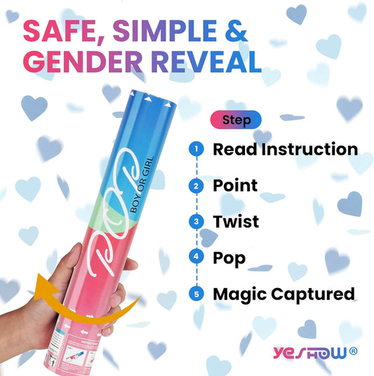 Gender Reveal Confetti Poppers, Blue Confetti Cannon 2 Pack with Heart Shaped Party Confetti for Baby Shower, Birthday, Gender Reveal Party Supplies - 12 inch