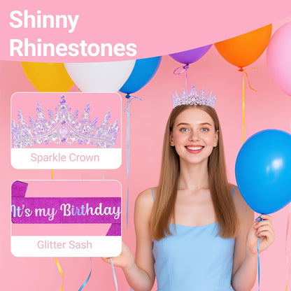 Birthday Tiara and Crown with Sash, Birthday Tiara for Women Party Silver