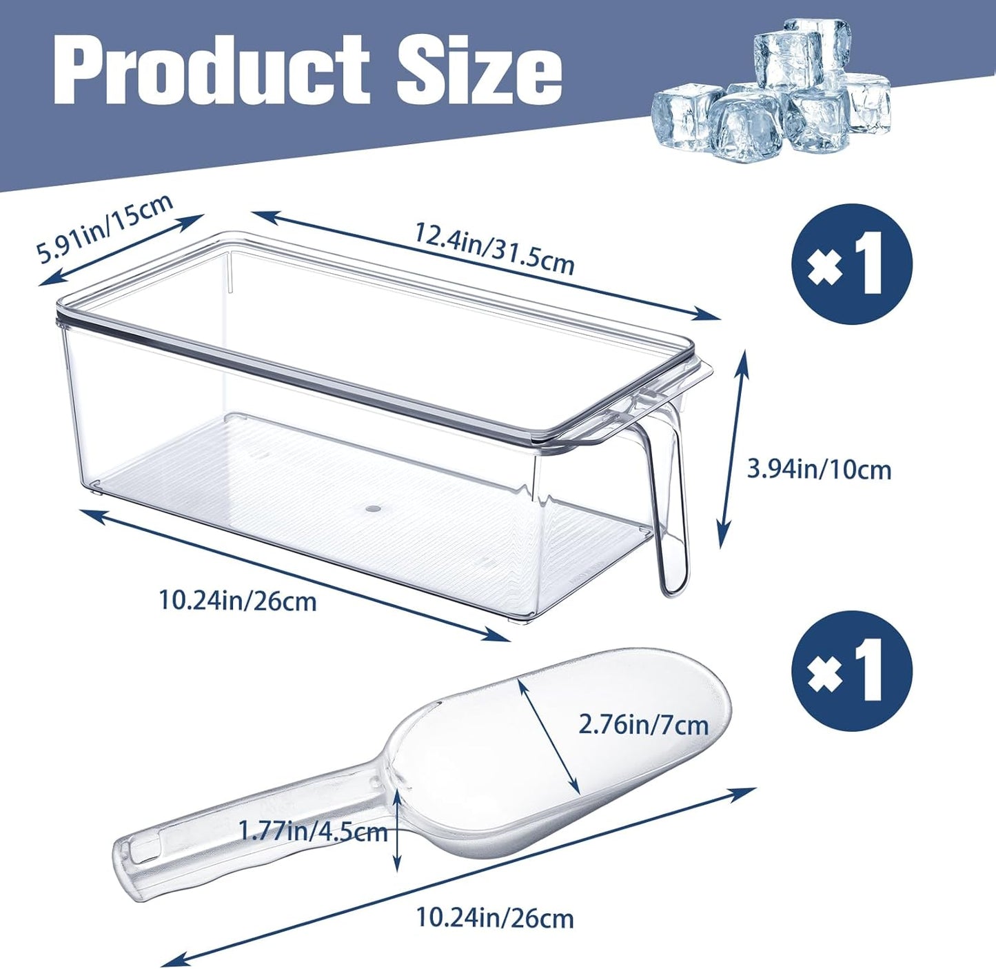Havawish 4 Pcs Ice Storage Bin for Freezer with Lid and Flexible Scoop Set Plastic Ice Container with Lid Handle for Home Office Fridge Storage (12.4 x 8.07 x 3.94 Inches,Clear)