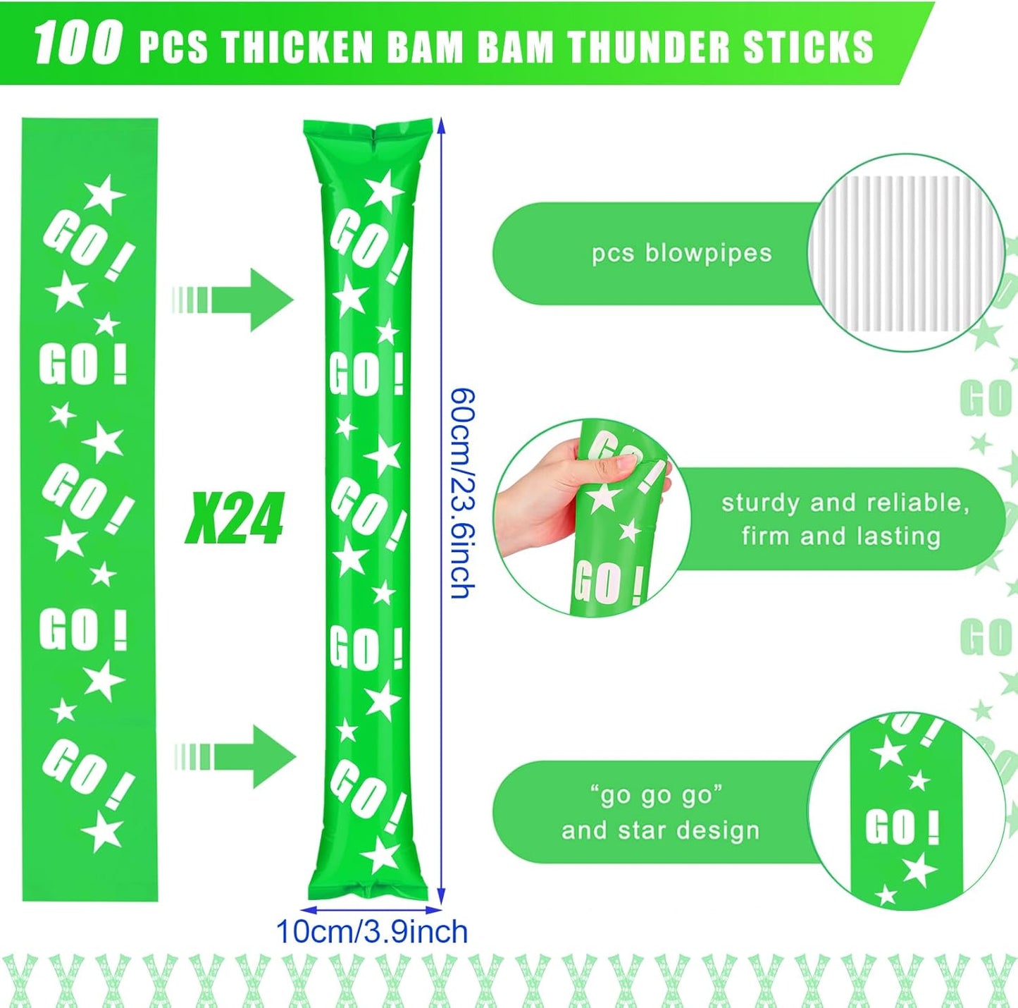 Hungdao 100 Pcs Thunder Sticks Spirit Boom Sticks Cheerleading Football Noise Makers Inflatable Noisemakers for Party Dance Basketball Sporting Event