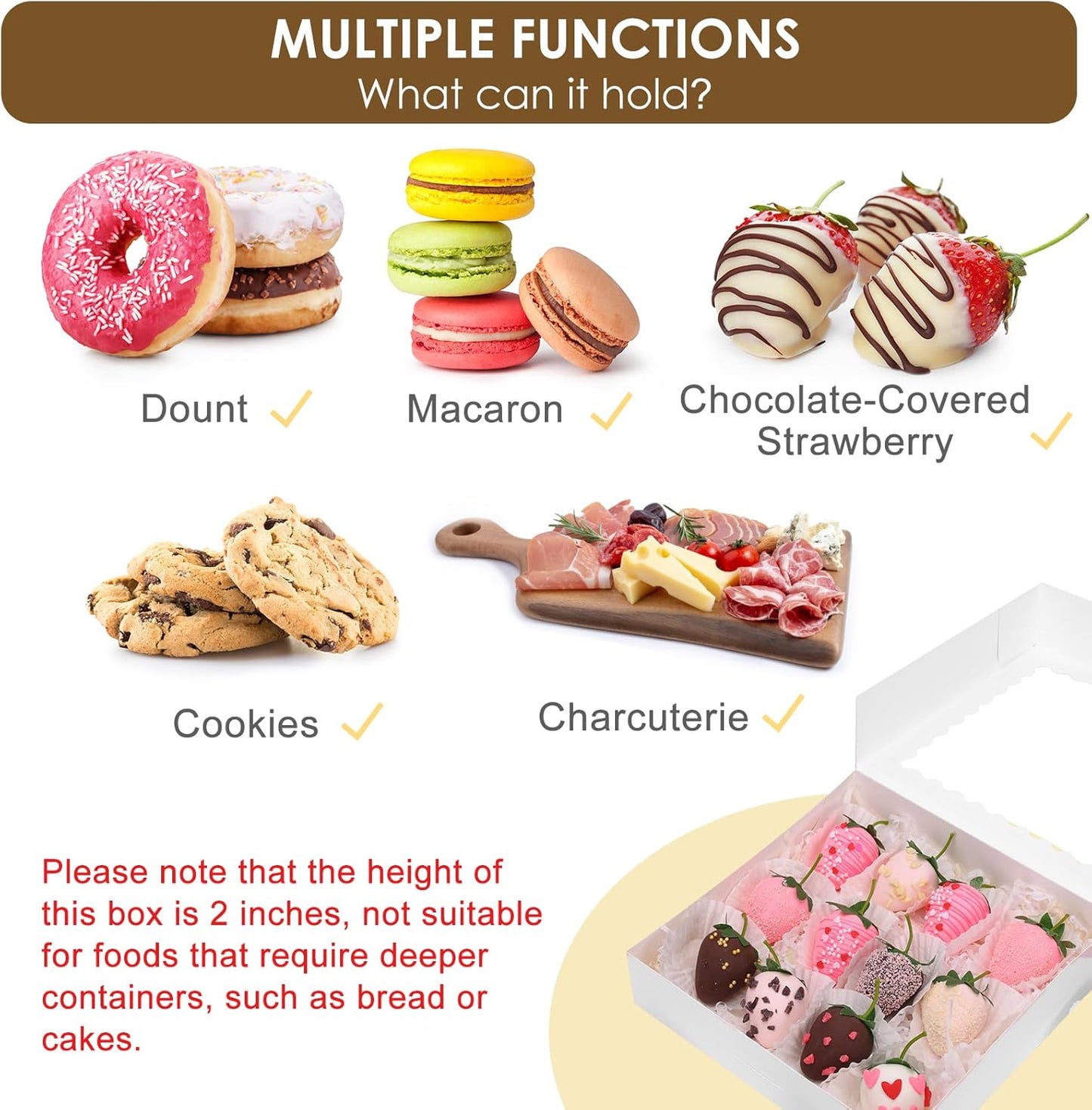 Moretoes 12pcs Bakery Boxes, 8x8x2 Inches Auto-Popup Cookie Boxes with Window, White Treat Containers for Chocolate Strawberries, Donuts, Desserts, Pastries, Mother's Day