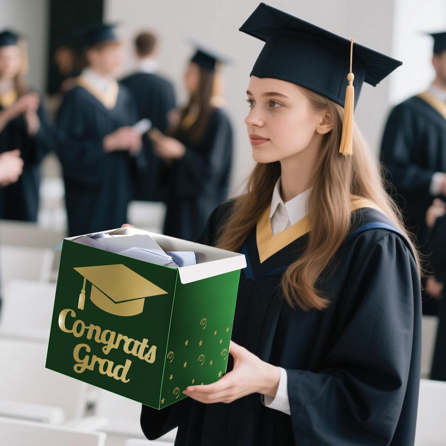 Graduation Card Box Holder, Congrats Grad Foldable Cardboard Decorations Box for Graduation Party Decoration and Grad Parties (Black)