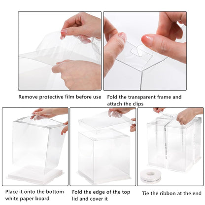 Cididu 6 Pcs Clear Cake Box with Ribbon, 2-Layer Tall Cake Packaging Boxes 8x8x9 Inch, PET Cake Carrier Transport Container for Tiered Cakes, Transparent Gift Display Boxes with Lid for Birthday Party
