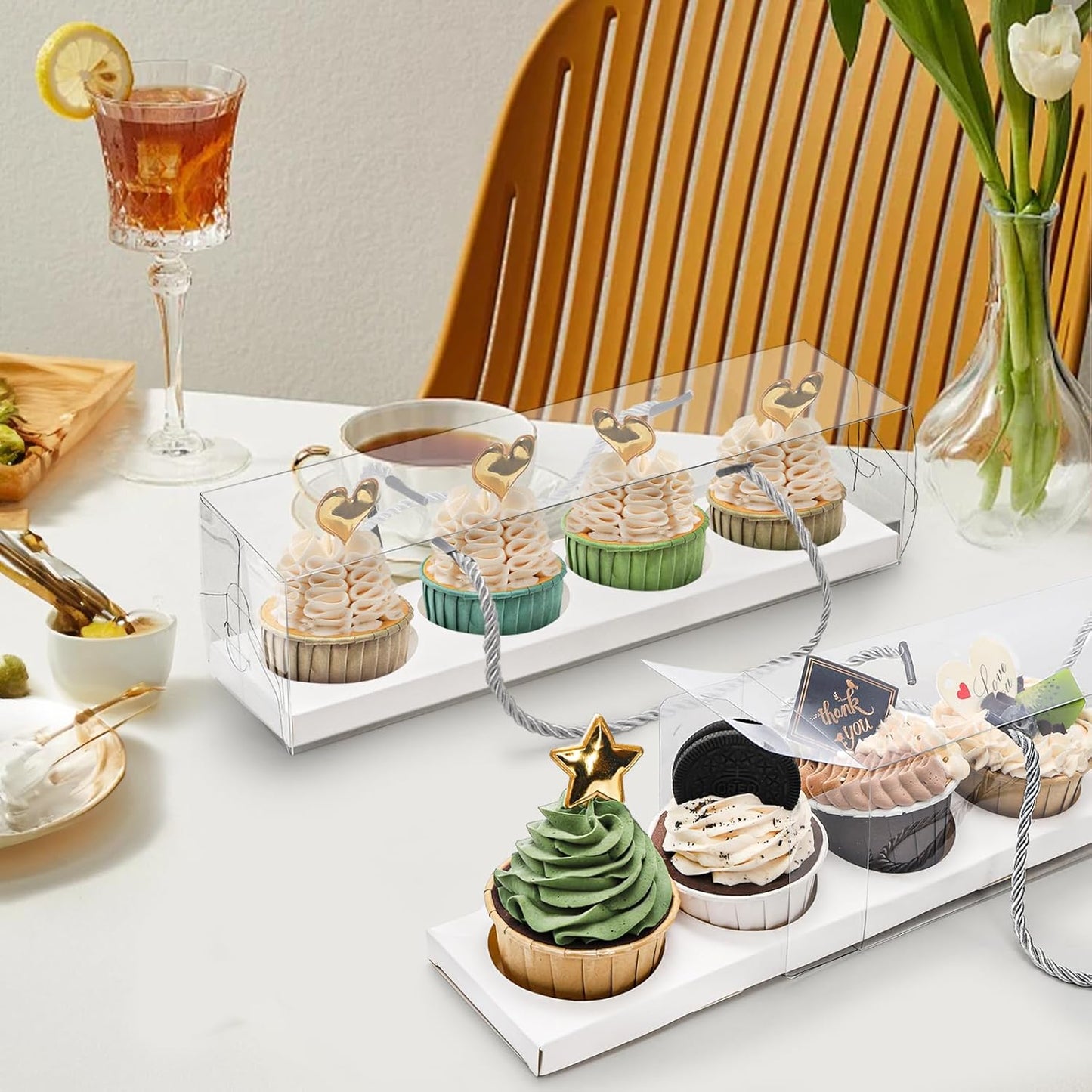 Coloch 24 Pack Clear Cupcake Box with Handle, 12 x 3 x 3 In 4 Count Plastic Cupcake Container with 4 Count Baked Dessert Box, for Cupcake, Dessert, Muffins, Party, Mother's Day, Wedding