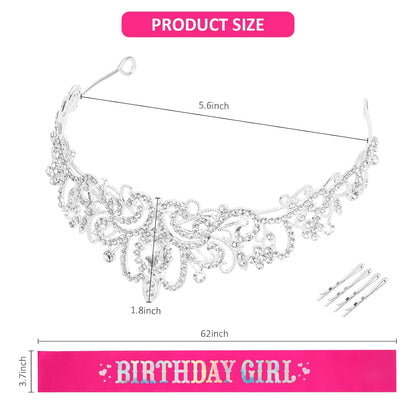 CIEHER Birthday Girl Crown and Sash - Rose Gold Tiara Birthday Decorations for Women and Girls