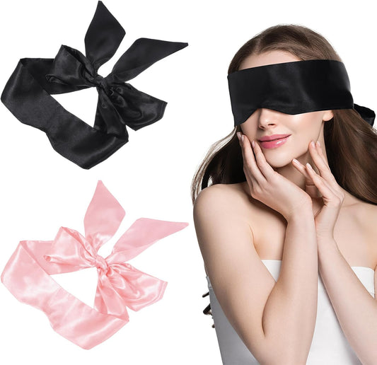 2Pcs Satin Eye Mask Sleep Mask, Adjustable Blindfold Soft Satin Eye Covers Gift for Travel, Nap, Meditation,157cm/62inch (Black+Pink Upgrade)