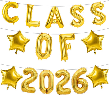 Graduation Balloons, Class of 2026 Balloons, 16Inch Gold Grad Class of 2026 Letters Foil Balloon Sign with Star Balloons, Class of 2026 Decorations for High School College Graduation Party Decorations