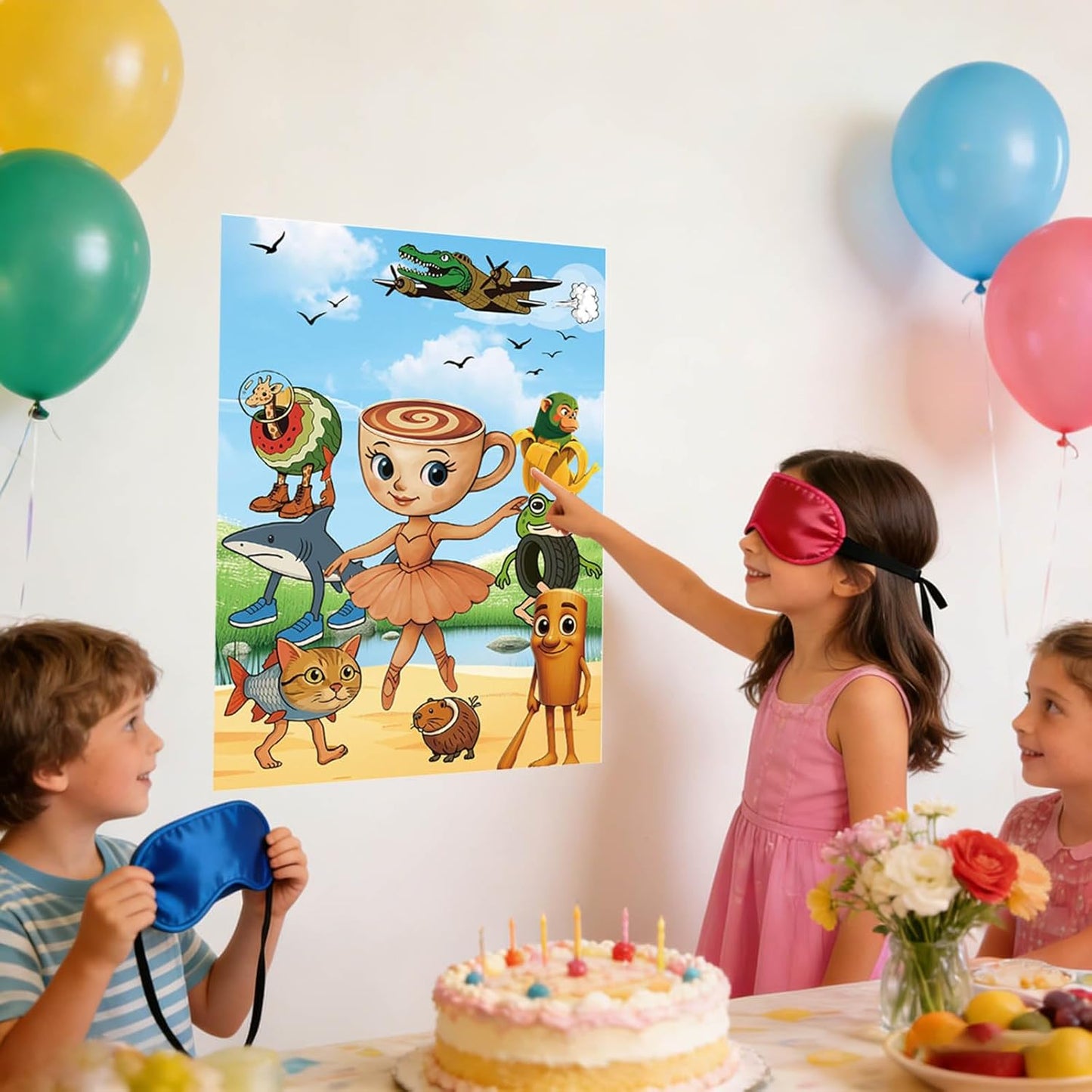 TJLMCORP Italian Brainrot Party Game, Pin the Tail Party Game Set With 24 Stickers and and 2 Blindfolds, Tralalero Themed Birthday Party Supplies, Brain Rot Party Decorations（Tung Tung Tung Sahur）