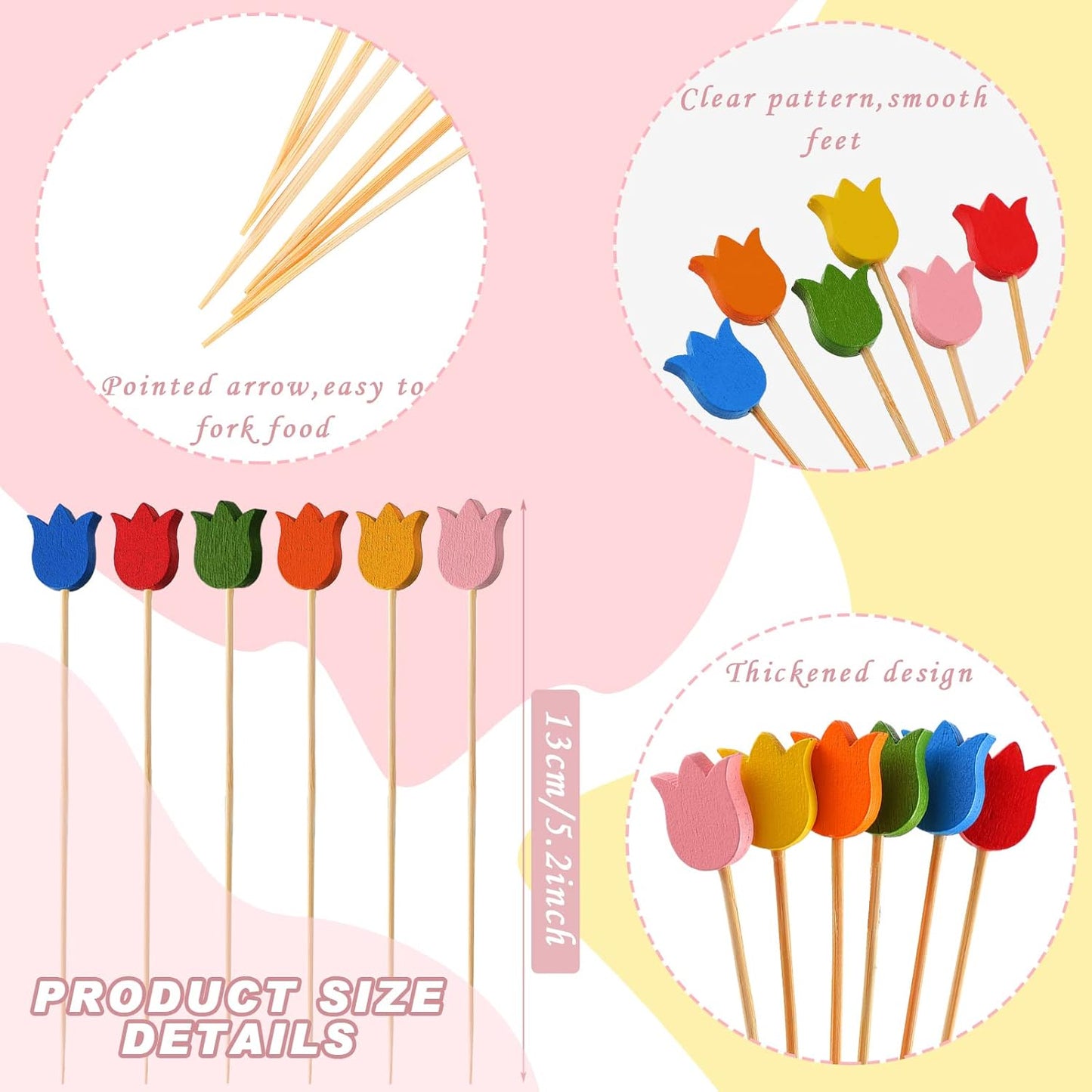 WILLBOND 200 Pcs Tulip Cocktail Picks Long Toothpicks for Appetizers Summer Cocktail Skewers Disposable Fancy Bamboo Food Sticks for Summer Spring Holiday Birthday Party Decoration