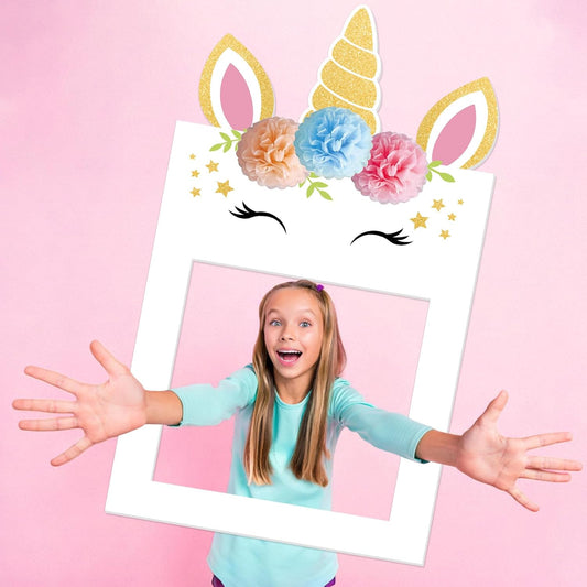 44x24 Inch Unicorn Birthday Photo Booth Props Favor Plastic Unicorn Birthday Decorations DIY Pastel Photo Frame Flowers Stars Golden Glitter Party Favors for Girls Wedding Party Baby Shower