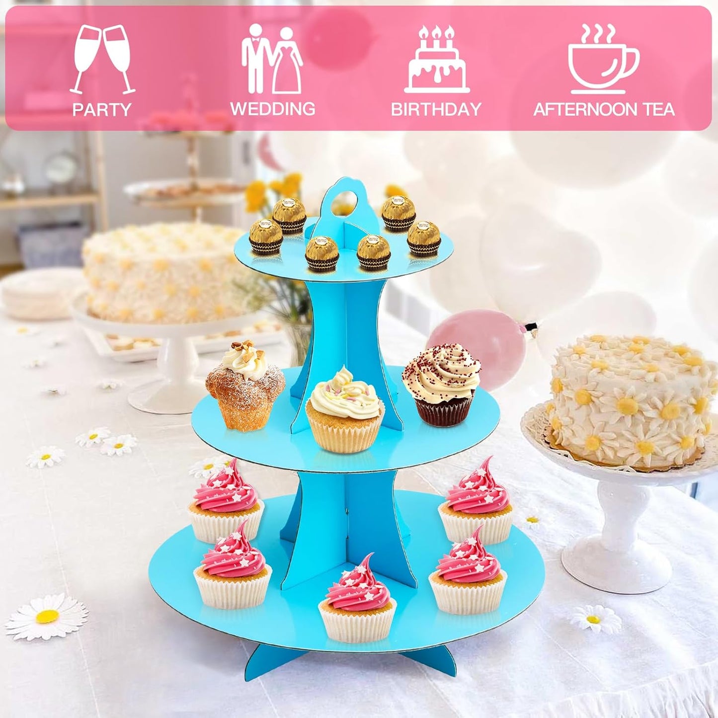 Soleebee 3-Tier Round Cupcake Stand, Cardboard Cupcake Tower, Dessert Cup Cake Stand Tower for Birthday Wedding Party Decoration, Cupcake Tier Stand 1 Set (Hot Pink)
