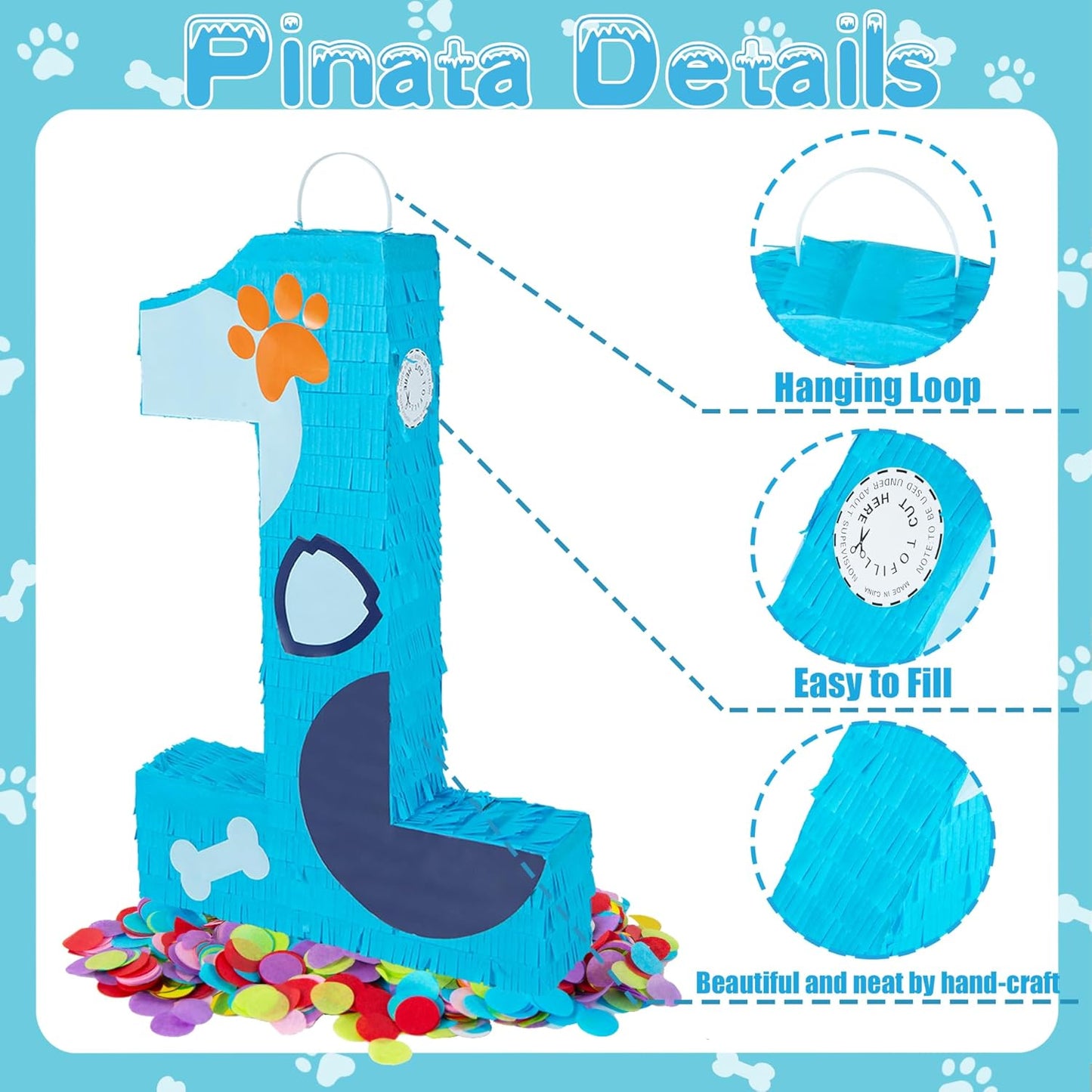 PCFING 20 Inch Dog Paw Number 1 Piñata with 30 Inch Piñata Stick Blindfold Confetti for Boy Girl Adults Birthday Party Decorations, Anniversary Celebration, Fiesta