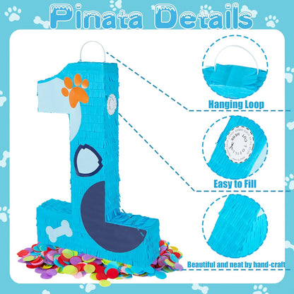 PCFING 20 Inch Dog Paw Number 1 Piñata with 30 Inch Piñata Stick Blindfold Confetti for Boy Girl Adults Birthday Party Decorations, Anniversary Celebration, Fiesta