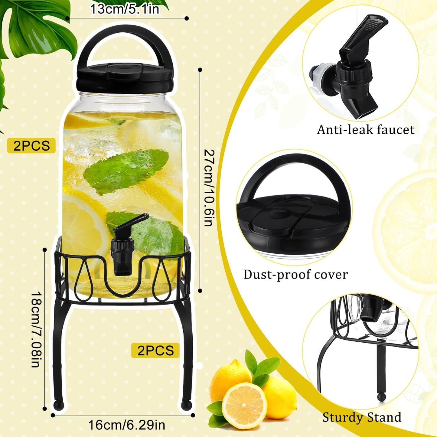 Tanlade 2 Pcs Plastic Drink Dispenser with Stand Beverage Dispenser with Sturdy Metal Base Juice Jar for Parties Lemonade Jar Spigot for Weddings Countertop Water, Each 1 Gallon (Gold)