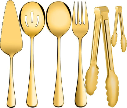 Serving Utensils, XEVOM 6-Piece Stainless Steel Serving Utensil Set Include Serving Spoon, Slotted Serving Spoon, Serving Fork,Serving Tong, Appetizers Tong,Pie Server (Silver), Regular